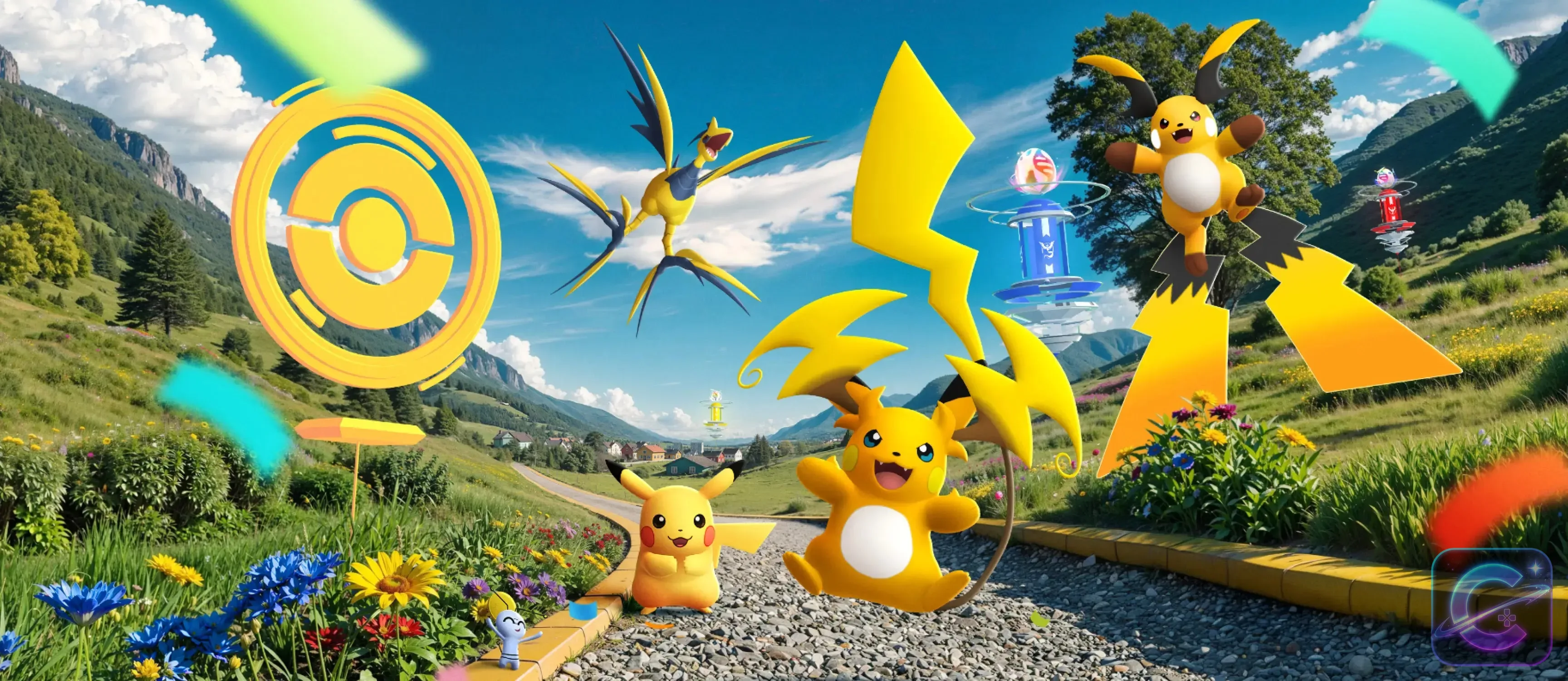 Official Pokémon GO artwork showing Pokémon exploring a mountain valley