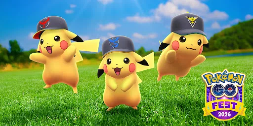 Costumed Pikachu wearing Team Instinct, Team Mystic, and Team Valor hats.