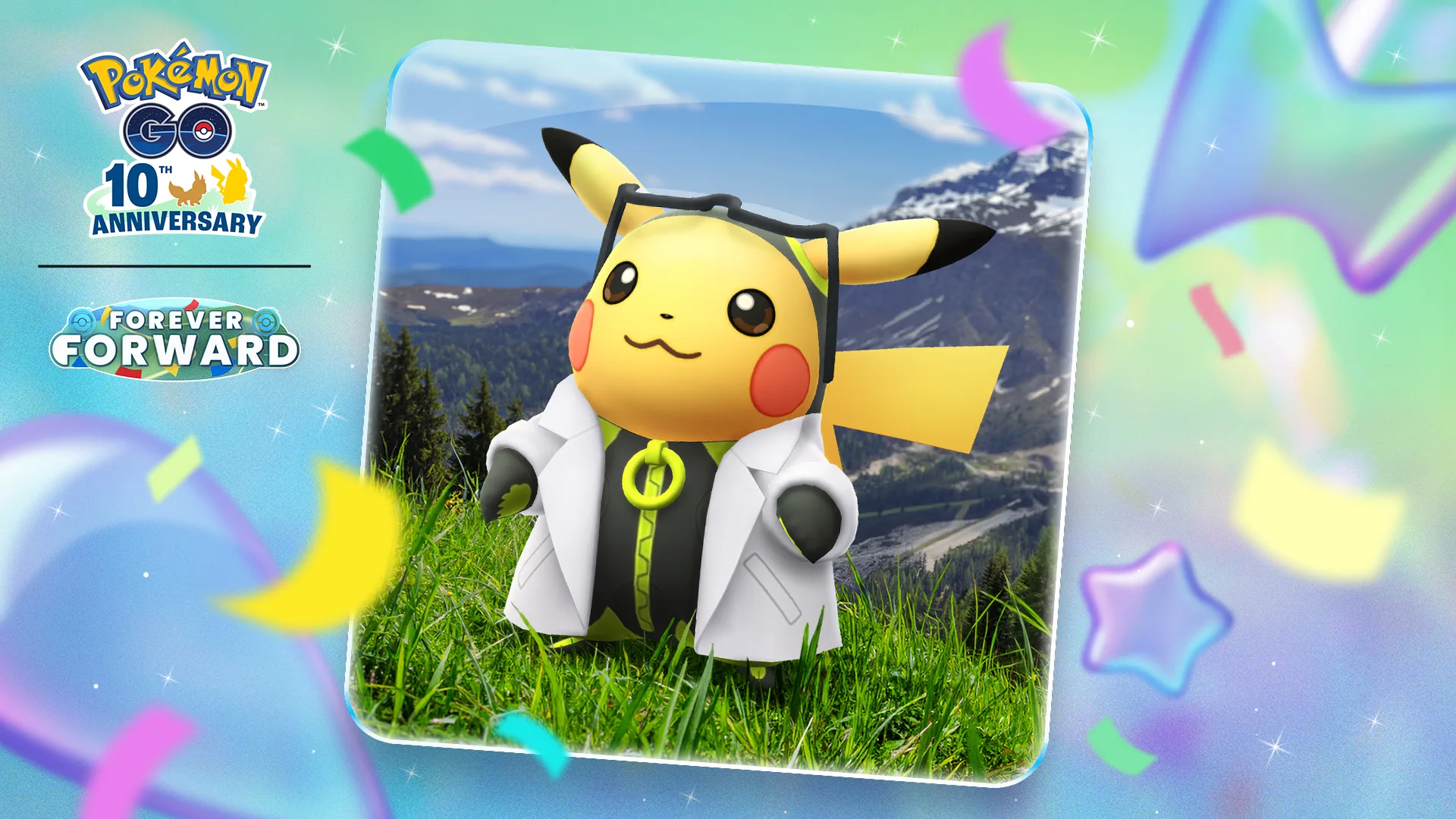 Professor Willow’s assistant Pikachu stands in anniversary artwork with the Pokémon GO 10th Anniversary logo