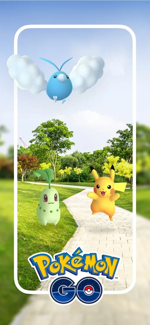Pokémon GO promotional scene showing a Trainer encountering Pokémon outdoors
