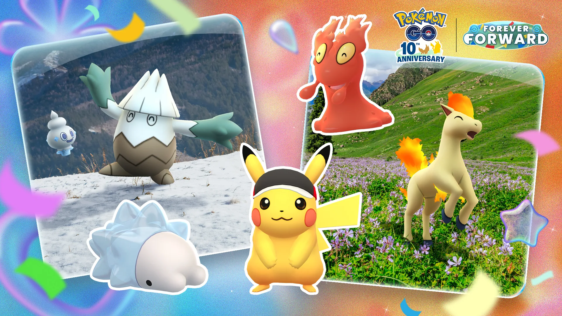 Snom, Snover, Slugma, Ponyta and marathon-visor Pikachu in Arctic Embers artwork