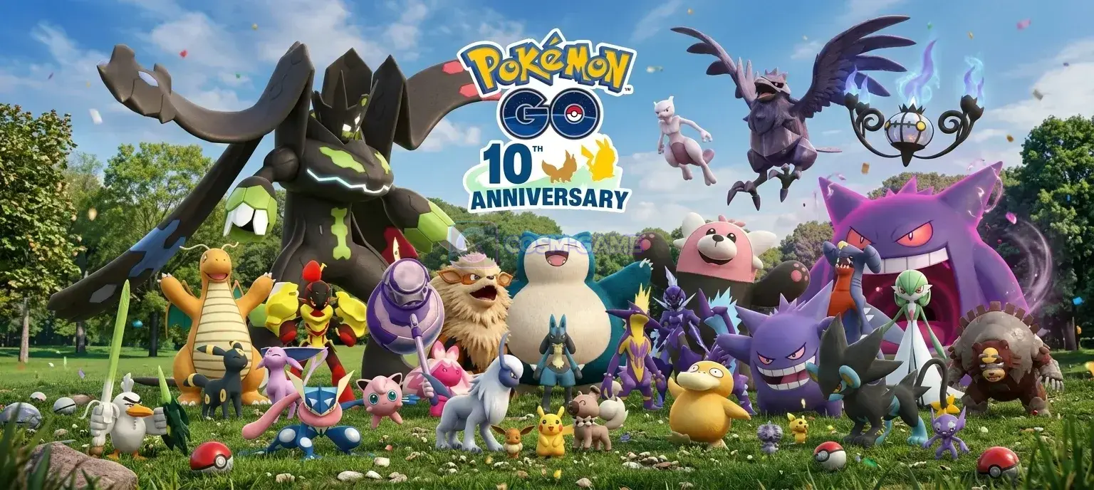 Trainers and various Pokémon including Charizard, Blastoise, and Pikachu gather in a grassy field for the Pokémon GO 8th Anniversary celebration