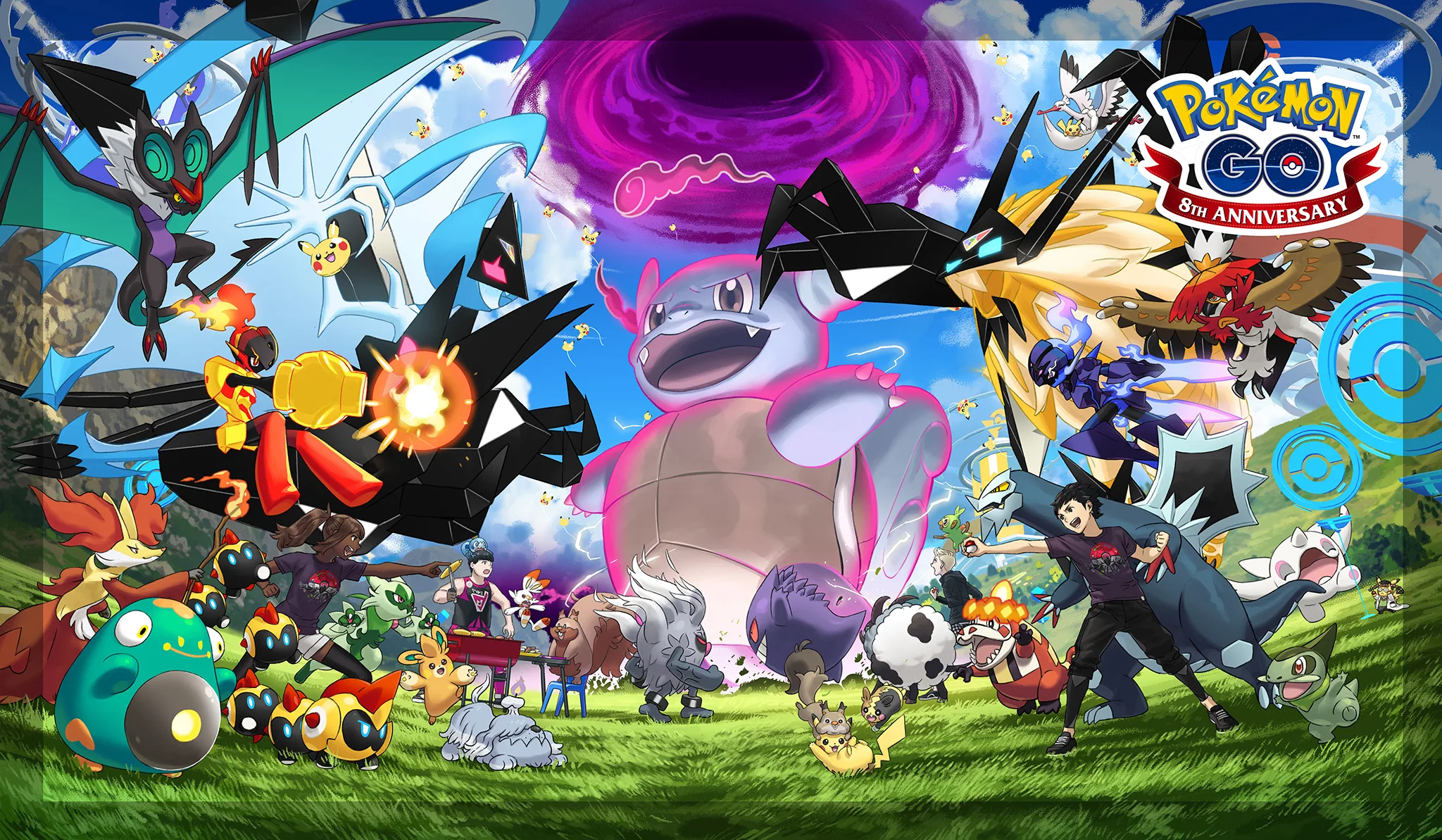 Trainers and various Pokémon including Charizard, Blastoise, and Pikachu gather in a grassy field for the Pokémon GO 8th Anniversary celebration