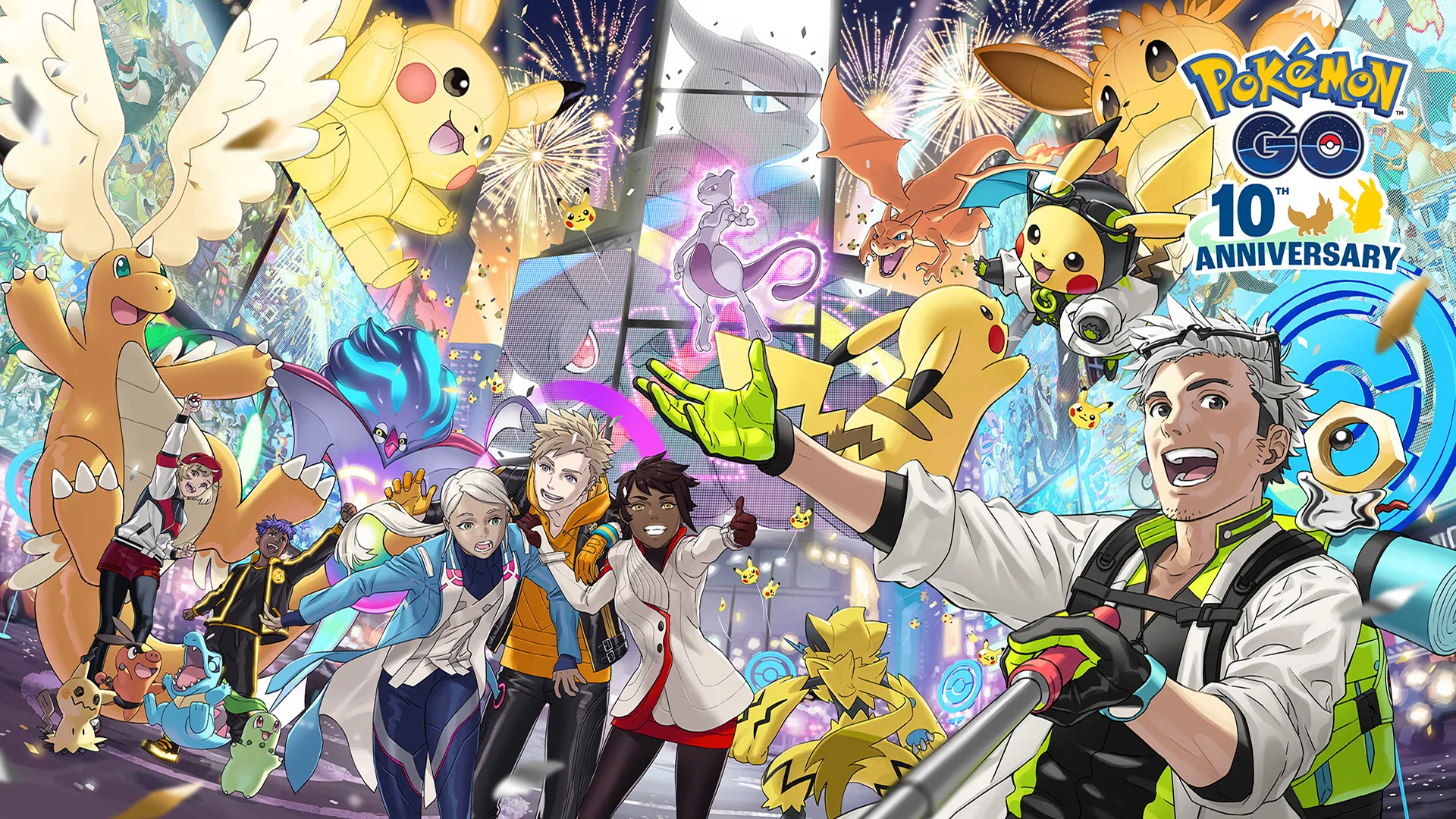 Professor Willow and Trainers surrounded by Pokémon in the 10th anniversary artwork