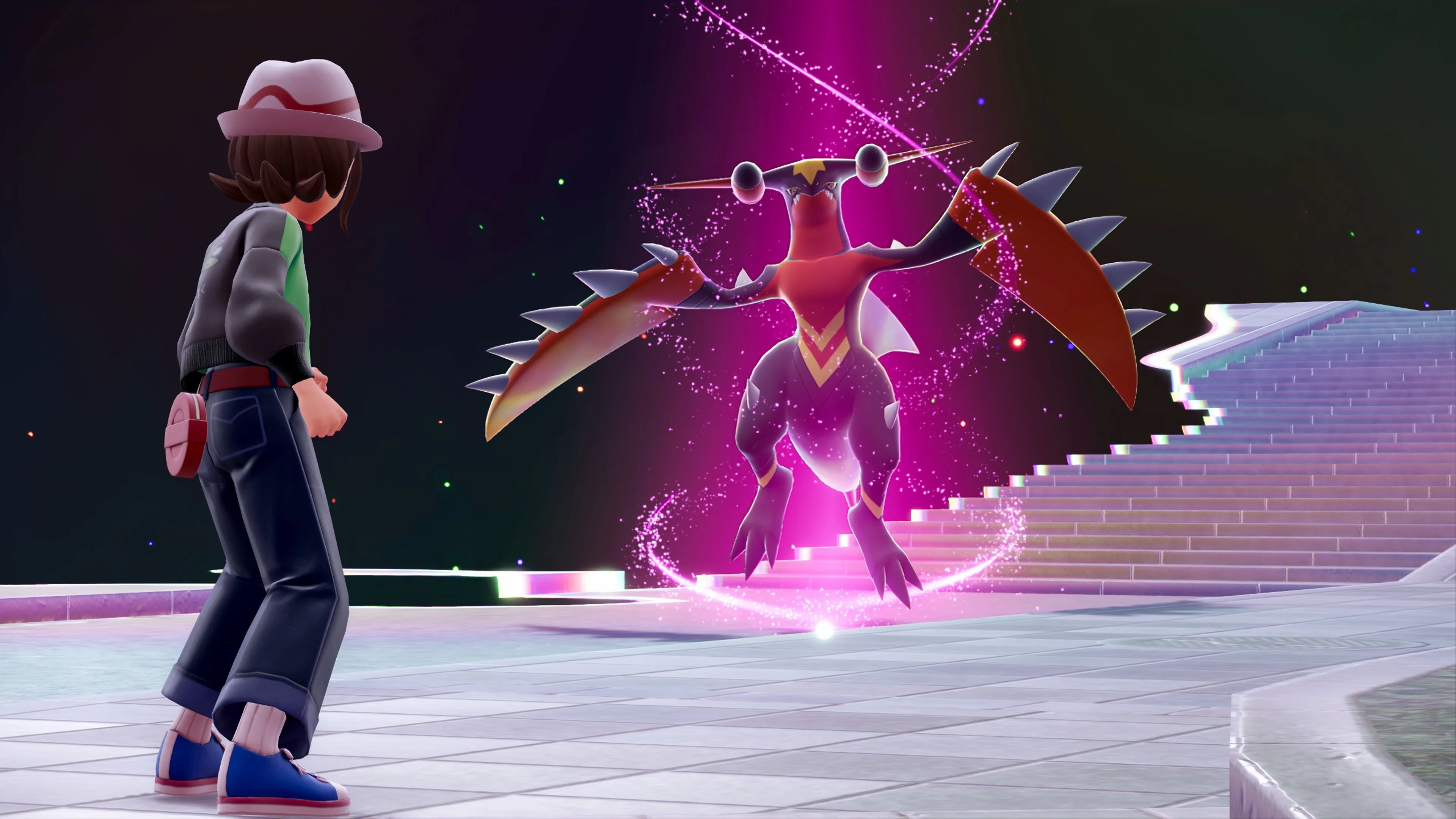 A Trainer faces Mega Garchomp Z inside a glowing hyperspace distortion.