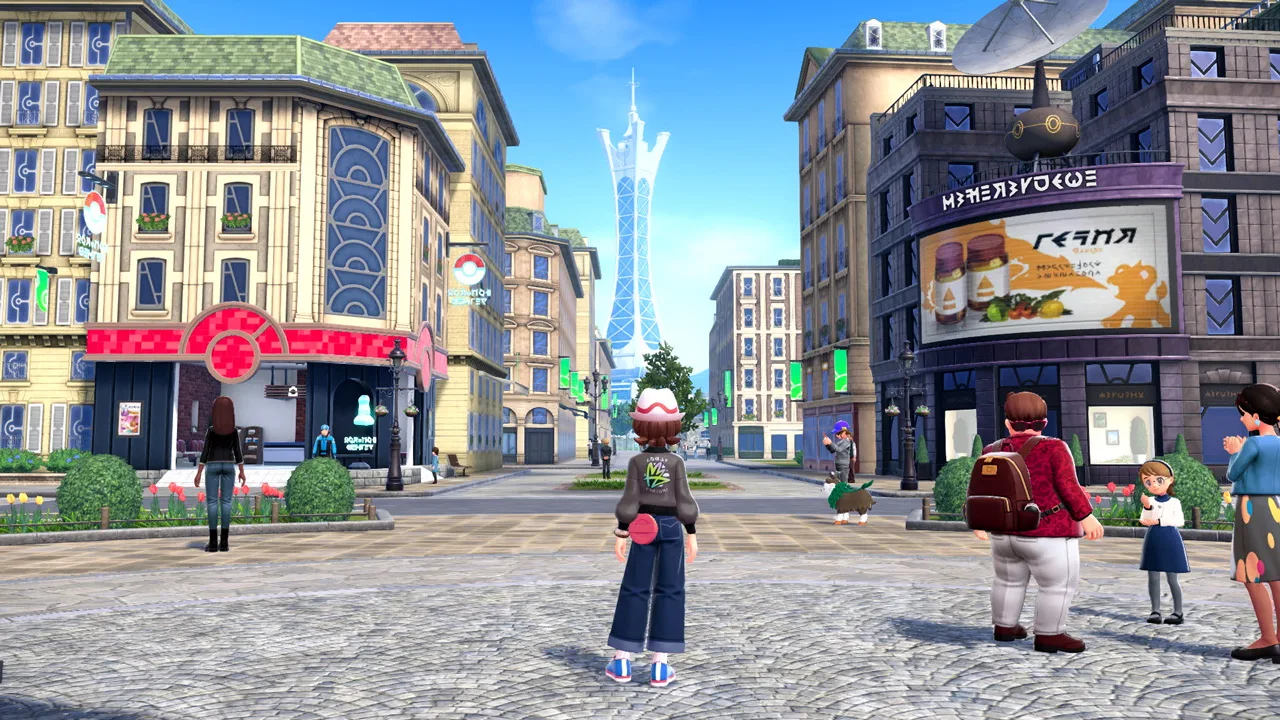 A Trainer stands on a Lumiose City street with Prism Tower rising in the distance.