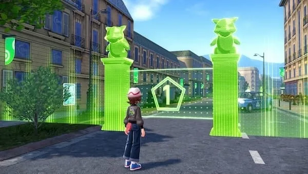 A Trainer explores Lumiose City during the day while searching for wild Pokémon.