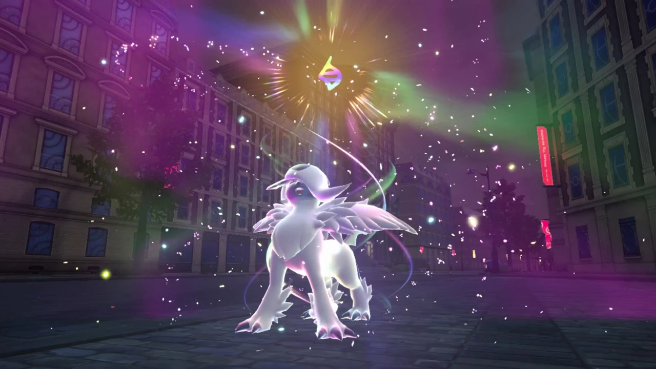 Mega Absol glows with multicolored Mega Evolution energy on a Lumiose City street.