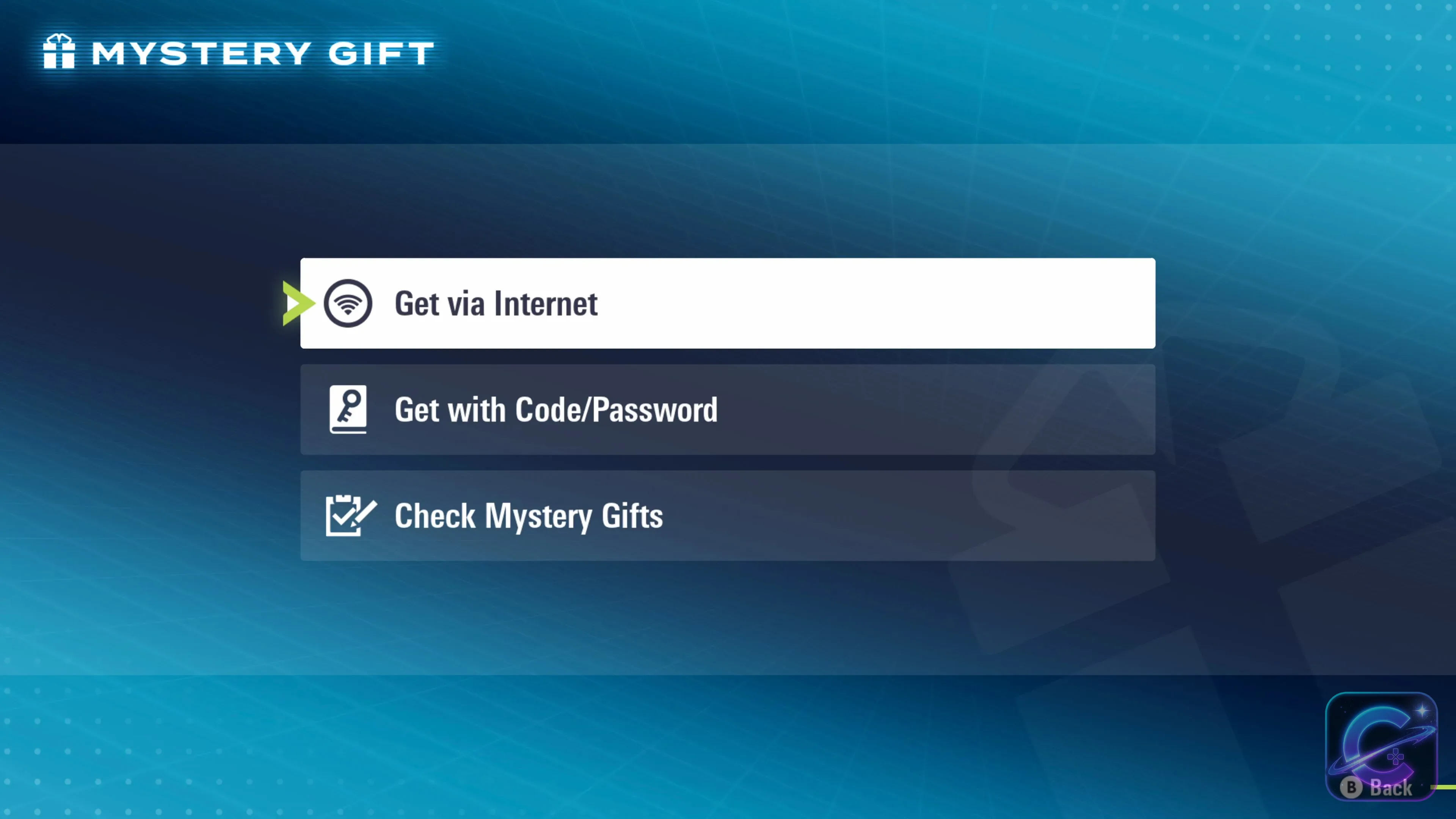 Pokémon Legends Z-A Mystery Gift menu showing Get via Internet, Get with Code or Password, and Check Mystery Gifts