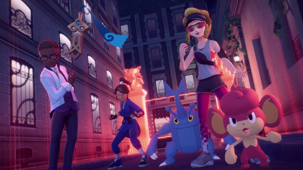 Trainers and their Pokémon prepare for battle inside a red-lit battle zone at night.