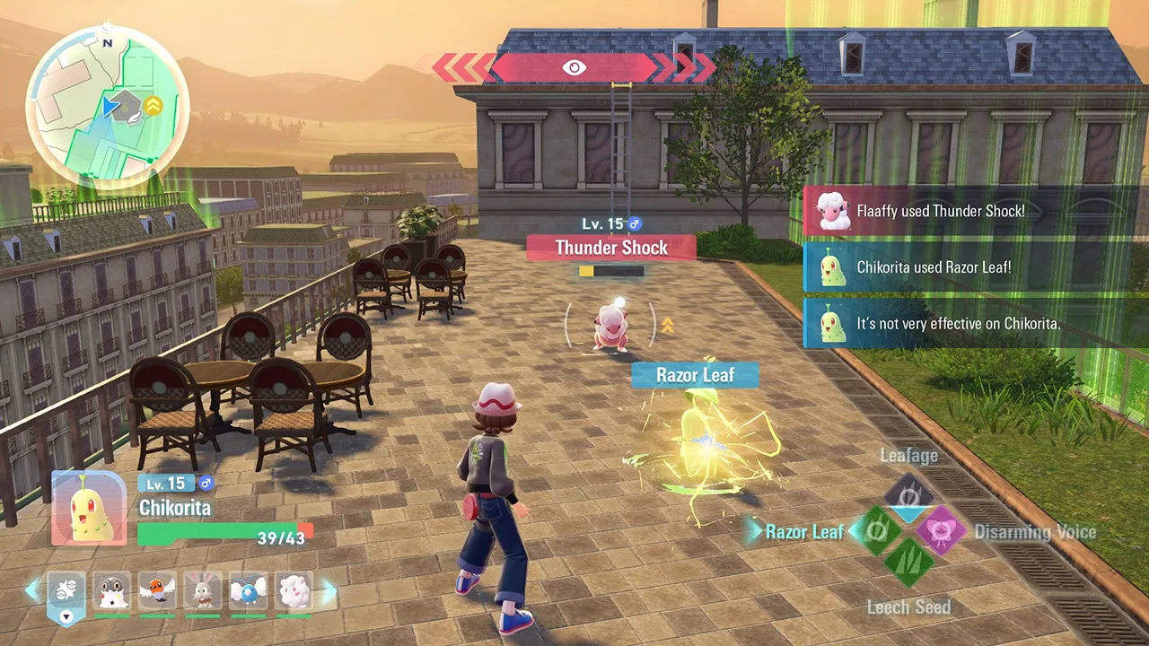 Chikorita uses Razor Leaf against Flaaffy during a real-time rooftop battle.