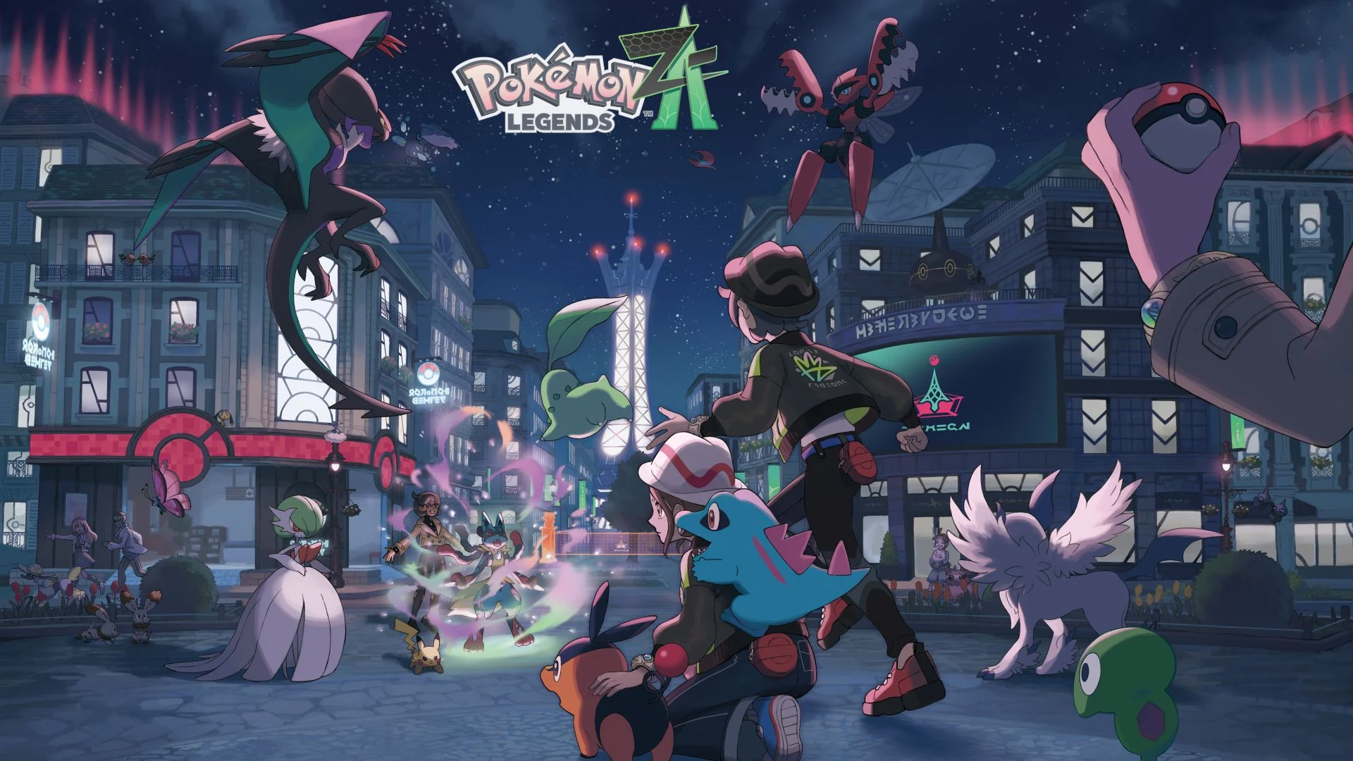 Trainers and Pokémon gather in Lumiose City at night beneath the Pokémon Legends: Z-A logo.
