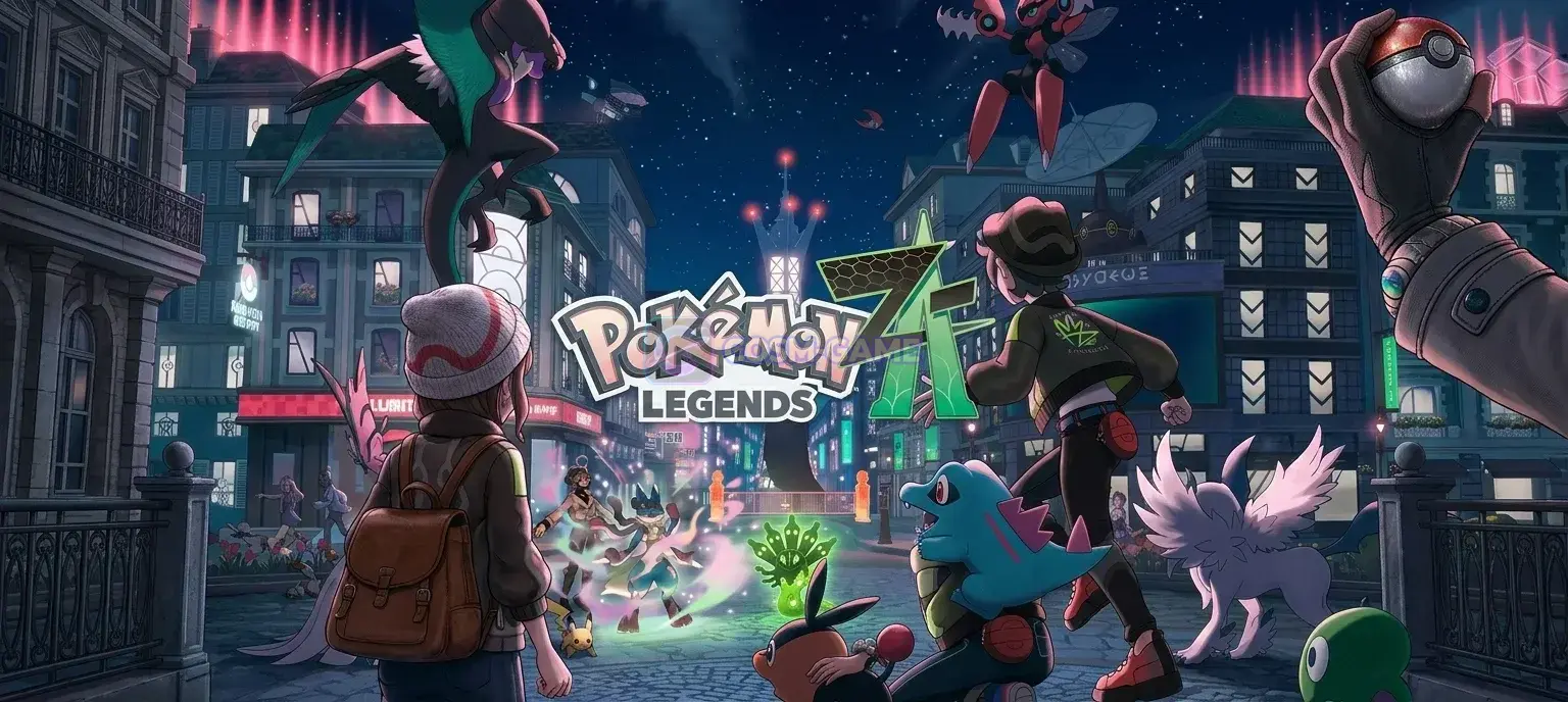 Trainers and Pokémon gather in Lumiose City at night beneath the Pokémon Legends: Z-A logo.