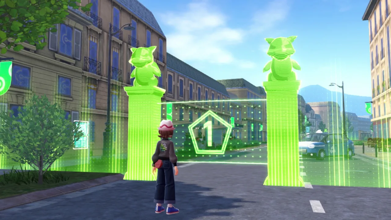 A Trainer faces the glowing green entrance to Wild Zone 1 in Lumiose City.
