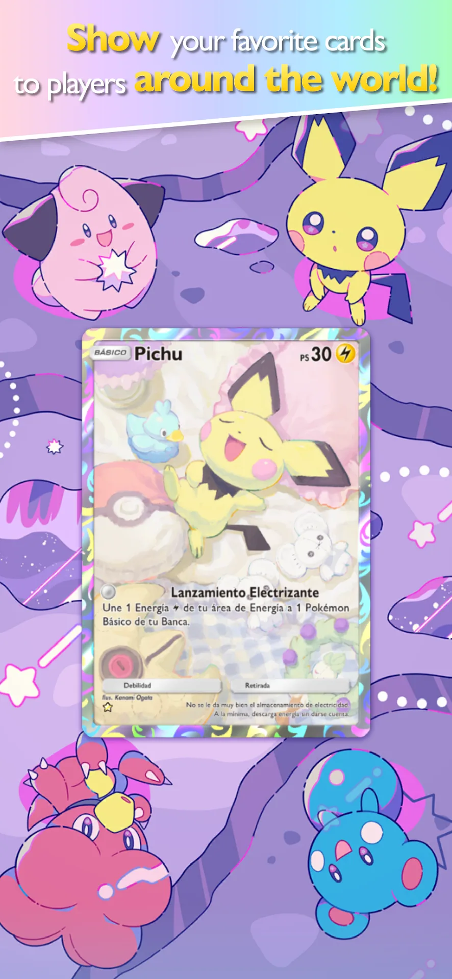 A featured Pichu card displayed with a decorative Pokémon backdrop.