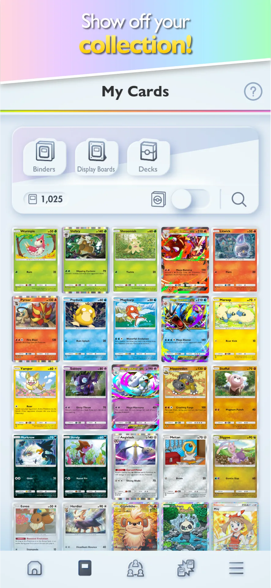A grid of collected Pokémon cards on the My Cards screen.