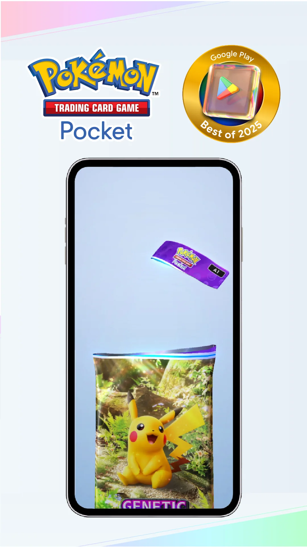 A mobile phone displaying an immersive Pikachu card in Pokémon TCG Pocket.