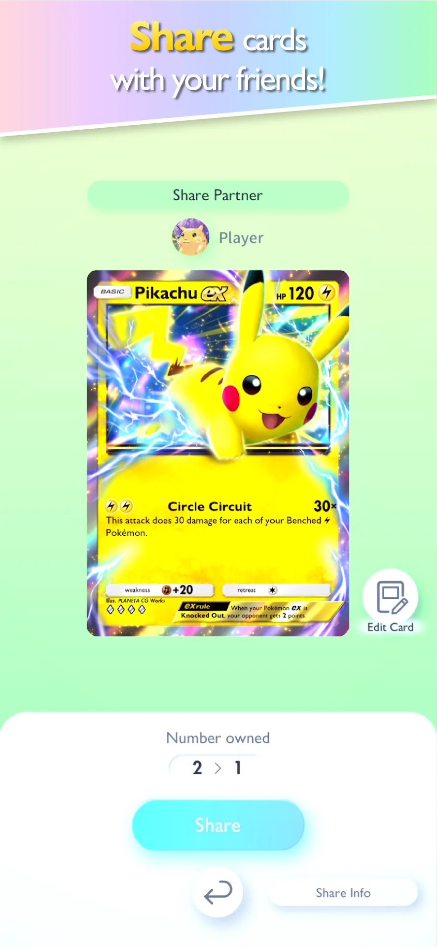 A Pikachu card displayed on the Pokémon TCG Pocket share screen.