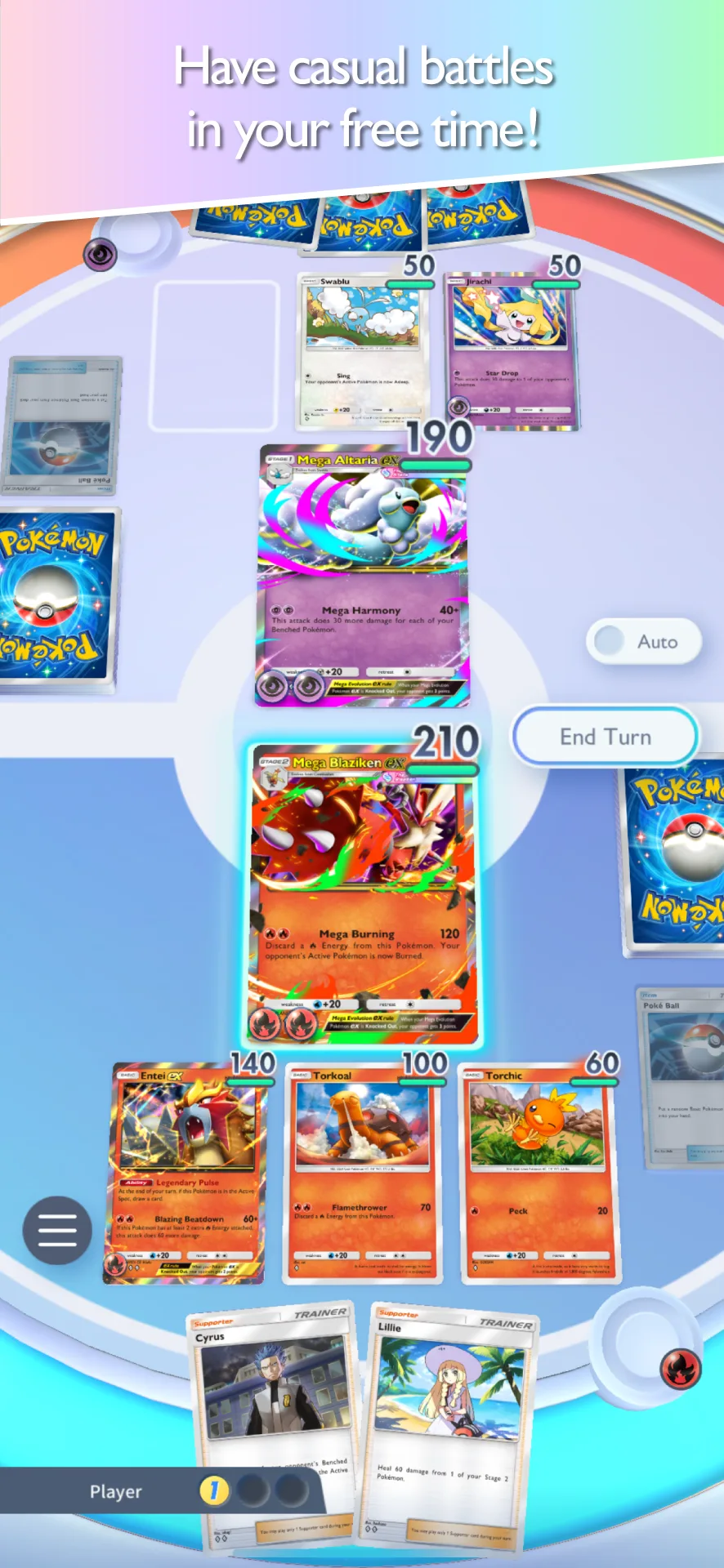 A Pokémon TCG Pocket battle with active and benched Pokémon cards.