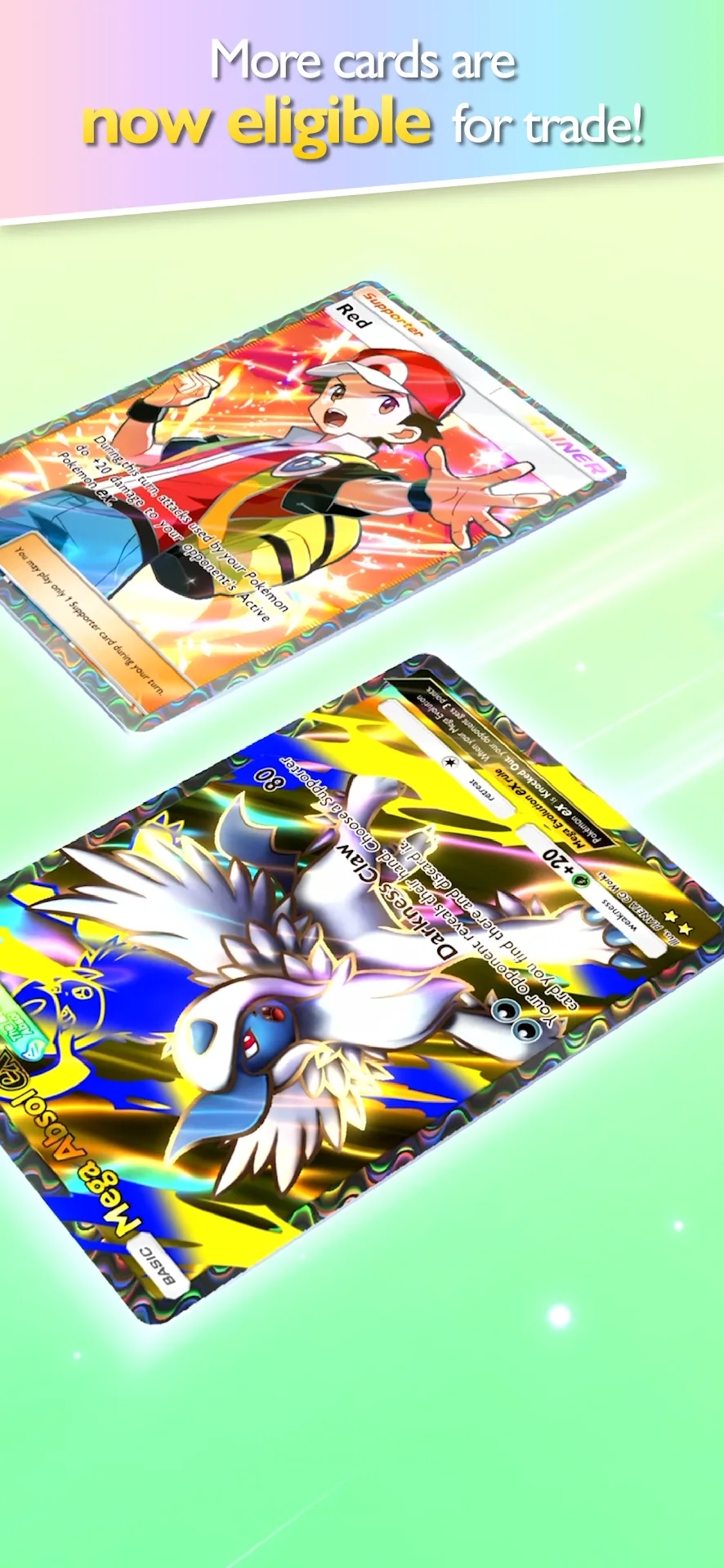 Pokémon cards shown moving between players on the trading screen.