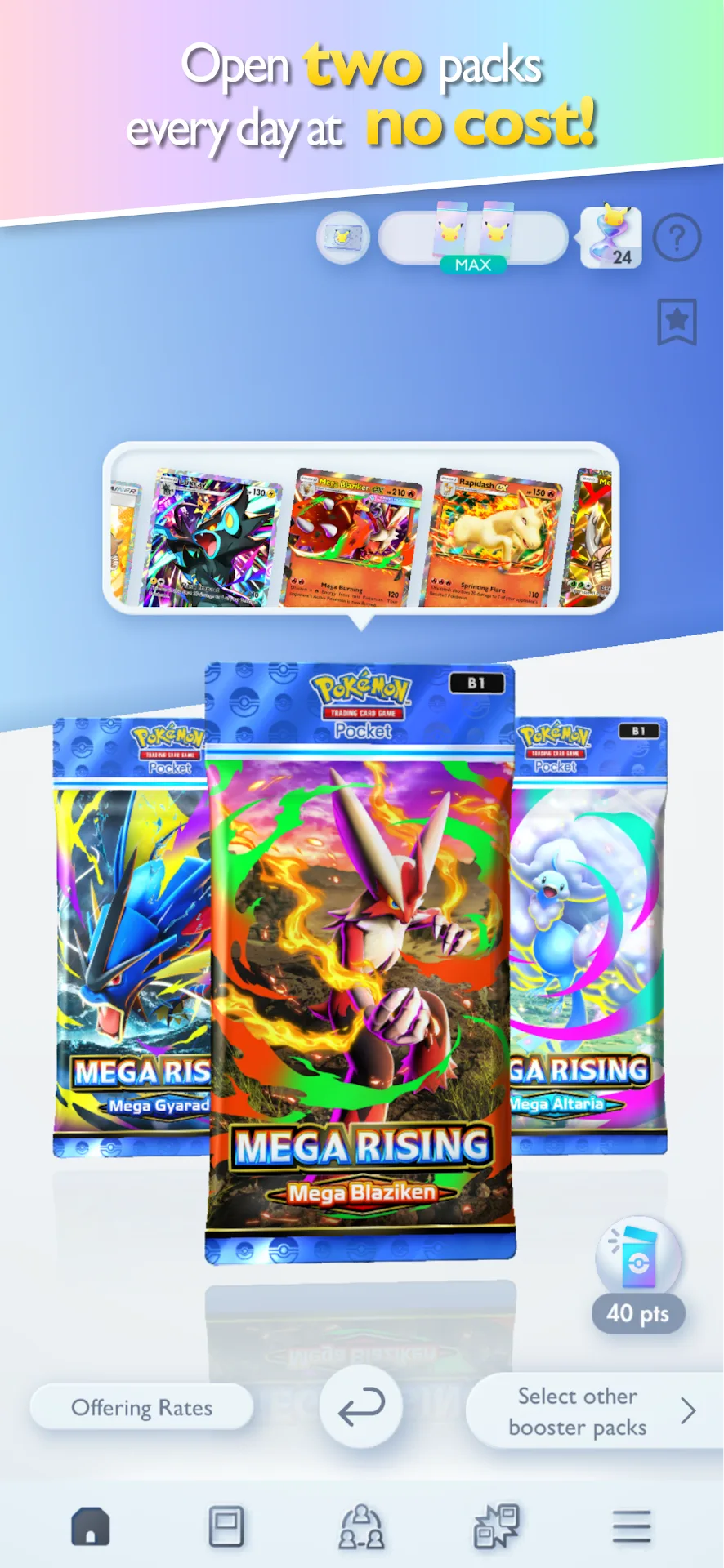 Pokémon TCG Pocket booster packs and newly opened cards on the pack-opening screen.
