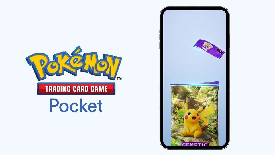 Pokémon TCG Pocket logo beside a phone opening a Pikachu booster pack.