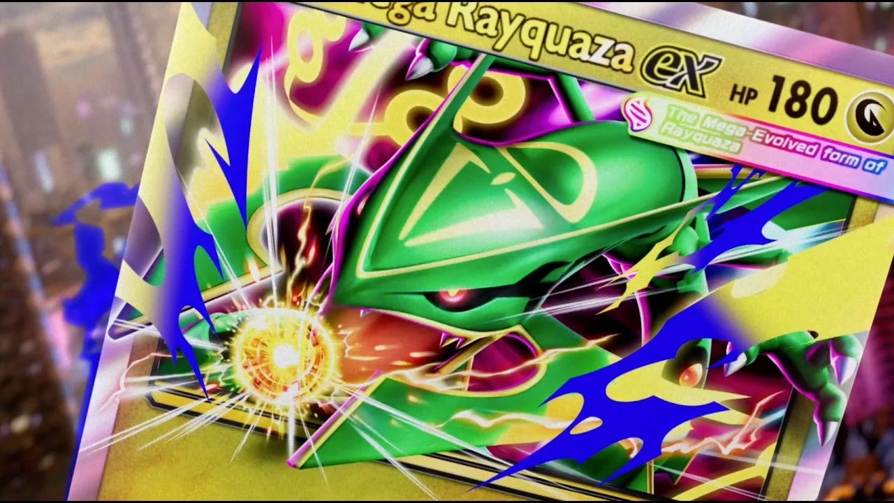 Mega Rayquaza ex flying through storm clouds in the Ruler of the Skies trailer