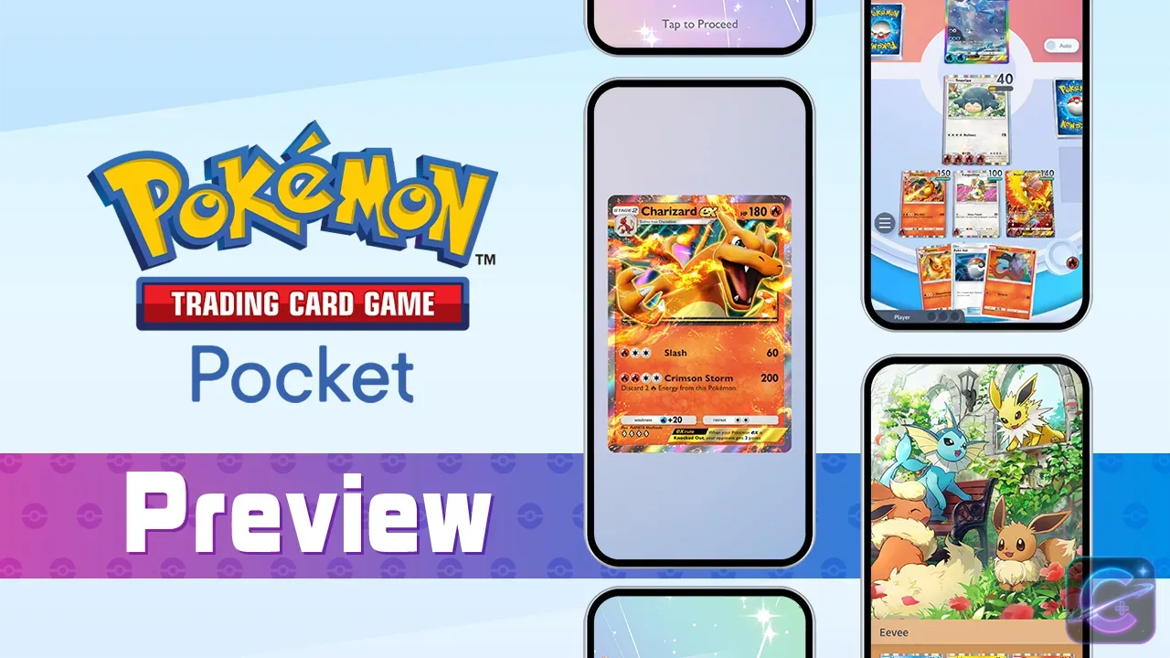 The Pokémon Trading Card Game Pocket logo appears beside phones showing Charizard ex, a card battle, and an Eevee collection scene.
