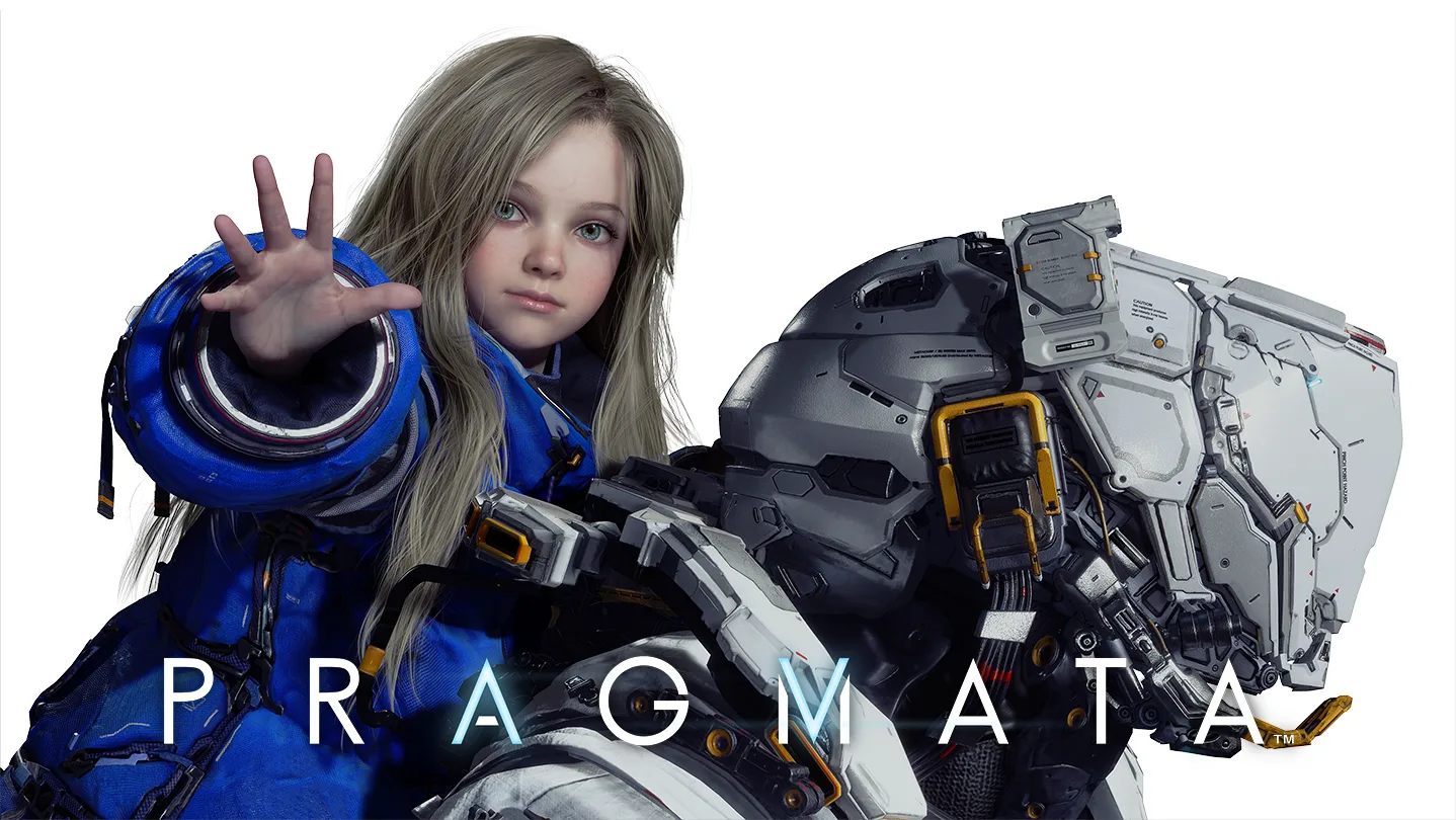 Diana reaches forward beside Hugh against a bright white background with the PRAGMATA logo.