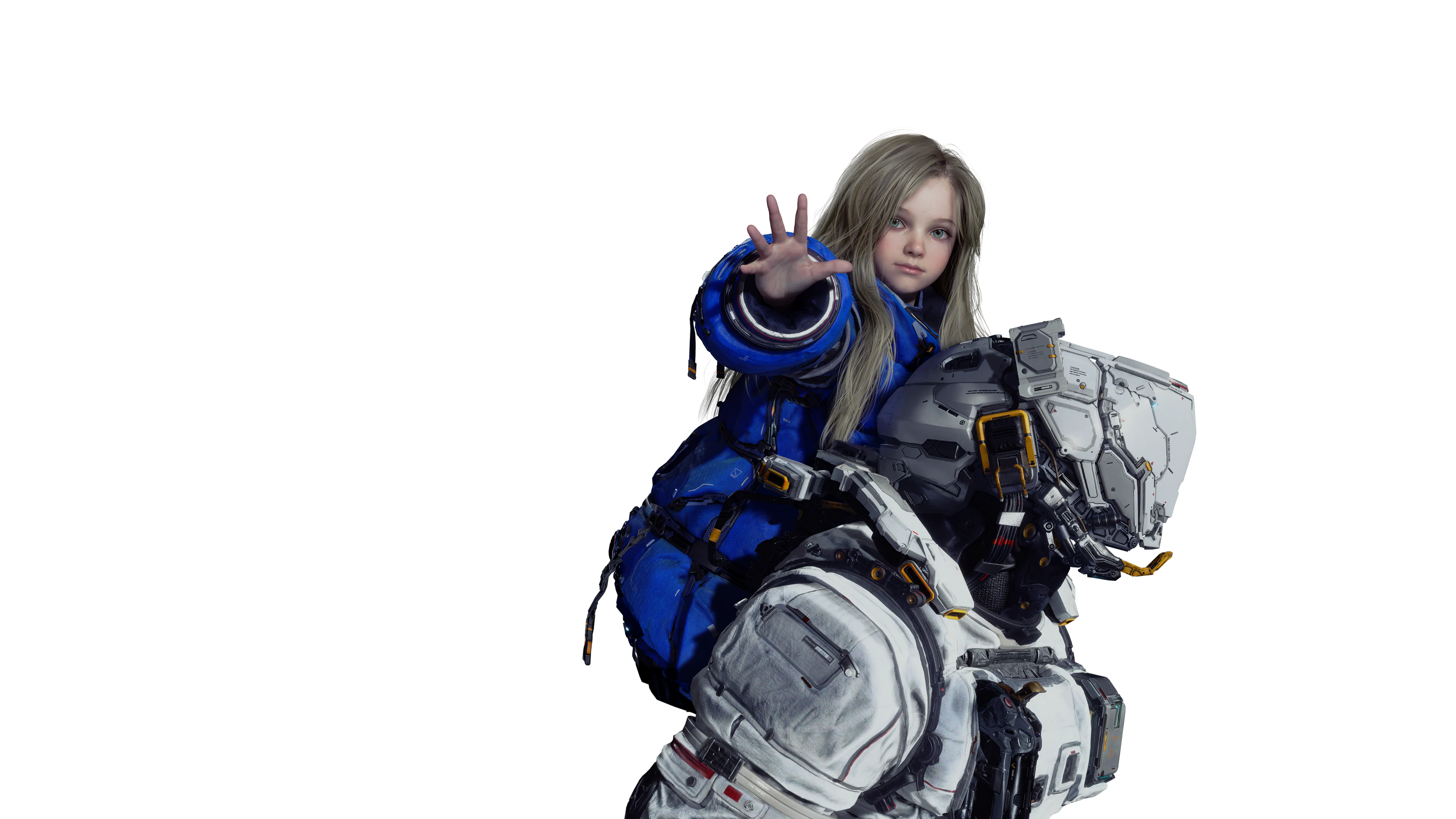 Diana reaching forward beside Hugh in PRAGMATA key art.