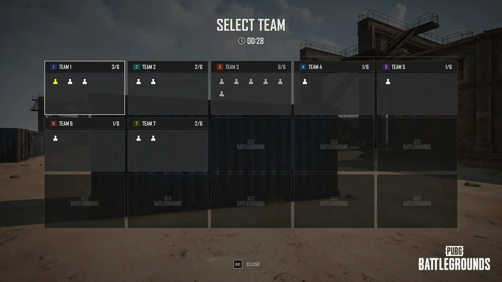 The PUBG: Playgrounds interface showing the team selection UI for community-created modes