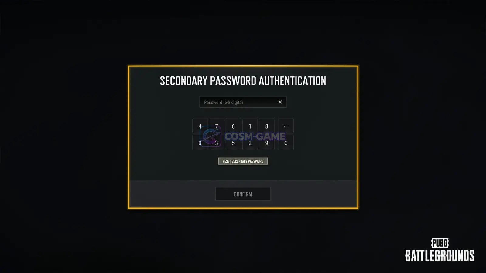 PUBG: BATTLEGROUNDS Secondary Password Authentication screen showing a numeric keypad and Reset Secondary Password button.