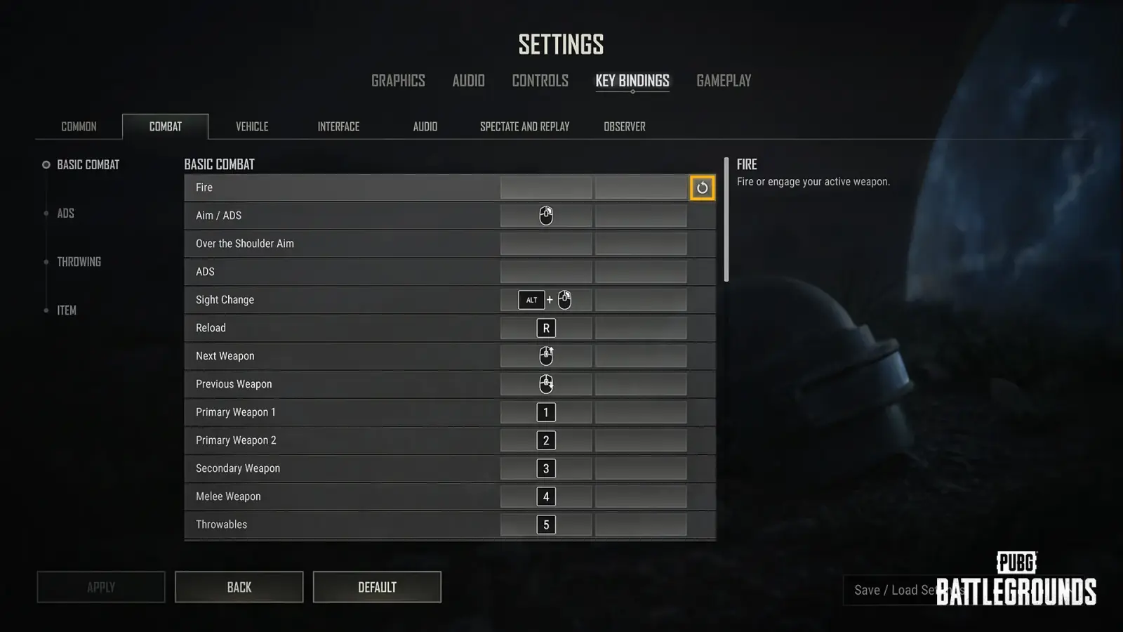 The redesigned PUBG settings menu showing the new side navigation panel and per-option reset buttons