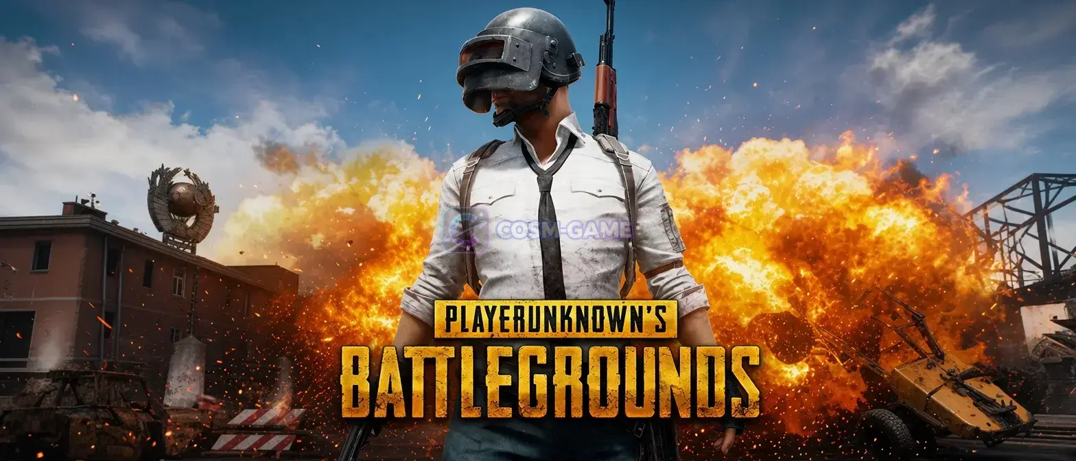 A helmeted PUBG Mobile combatant lands among dozens of parachuting players with weapons scattered across the battleground.