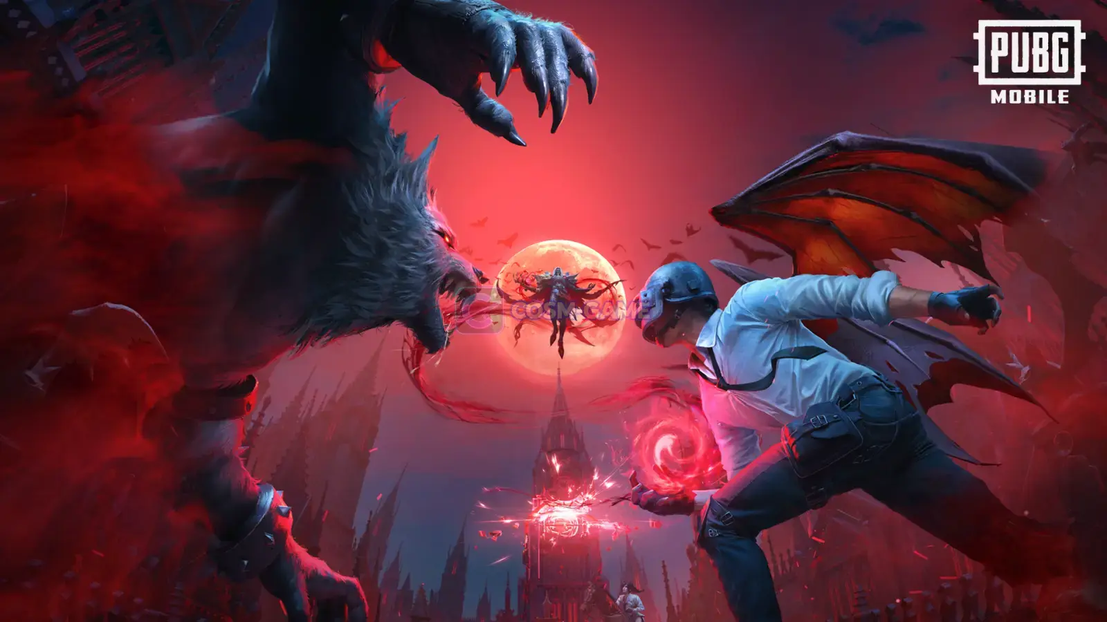 PUBG Mobile characters face a dark vampire themed combat scene with red lighting and supernatural effects.
