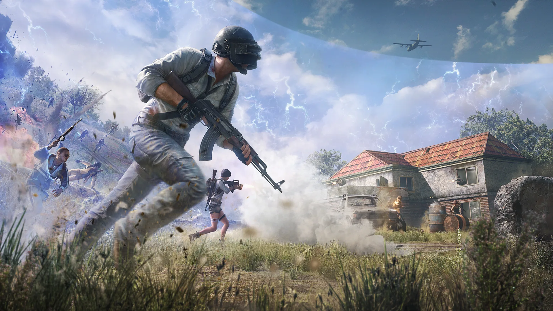 Armed players fight around a house and vehicle while the glowing Blue Zone closes across the battlefield.