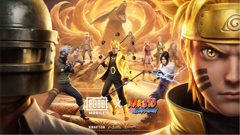 Naruto, Sasuke, Kakashi, Sakura, other Hidden Leaf ninjas, and a PUBG MOBILE survivor gather beneath the Nine-Tails during the NARUTO SHIPPUDEN collaboration.