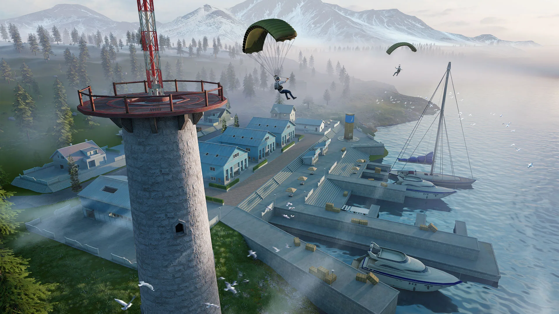 Two players parachute toward a snowy coastal harbor with a lighthouse, buildings, mountains, and boats below.