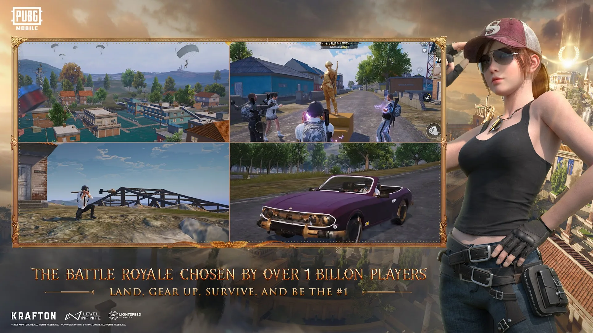 PUBG Mobile promotional battle scene showing a squad moving through an outdoor combat area