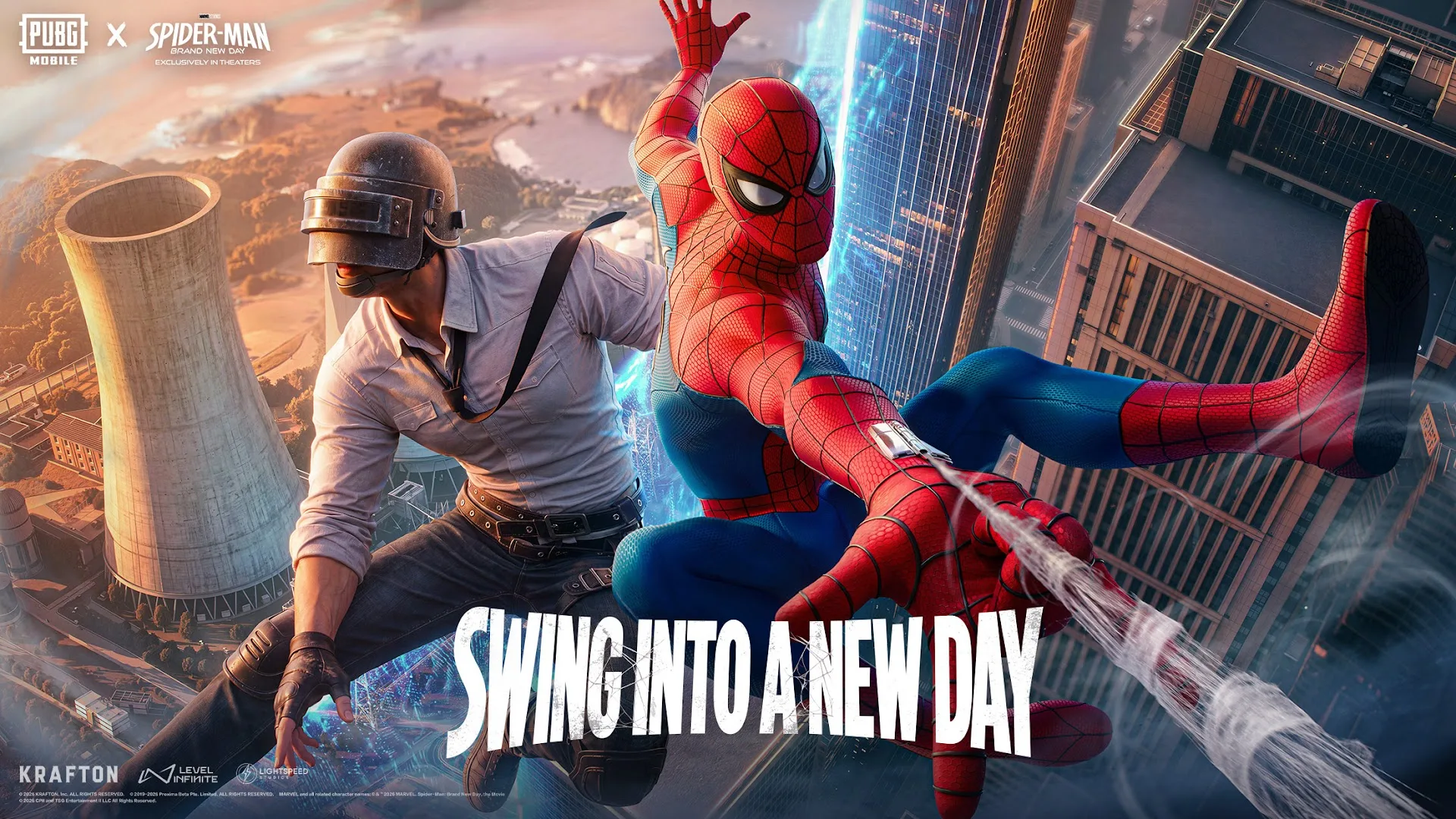 PUBG Mobile squad advancing through a battlefield in official game artwork