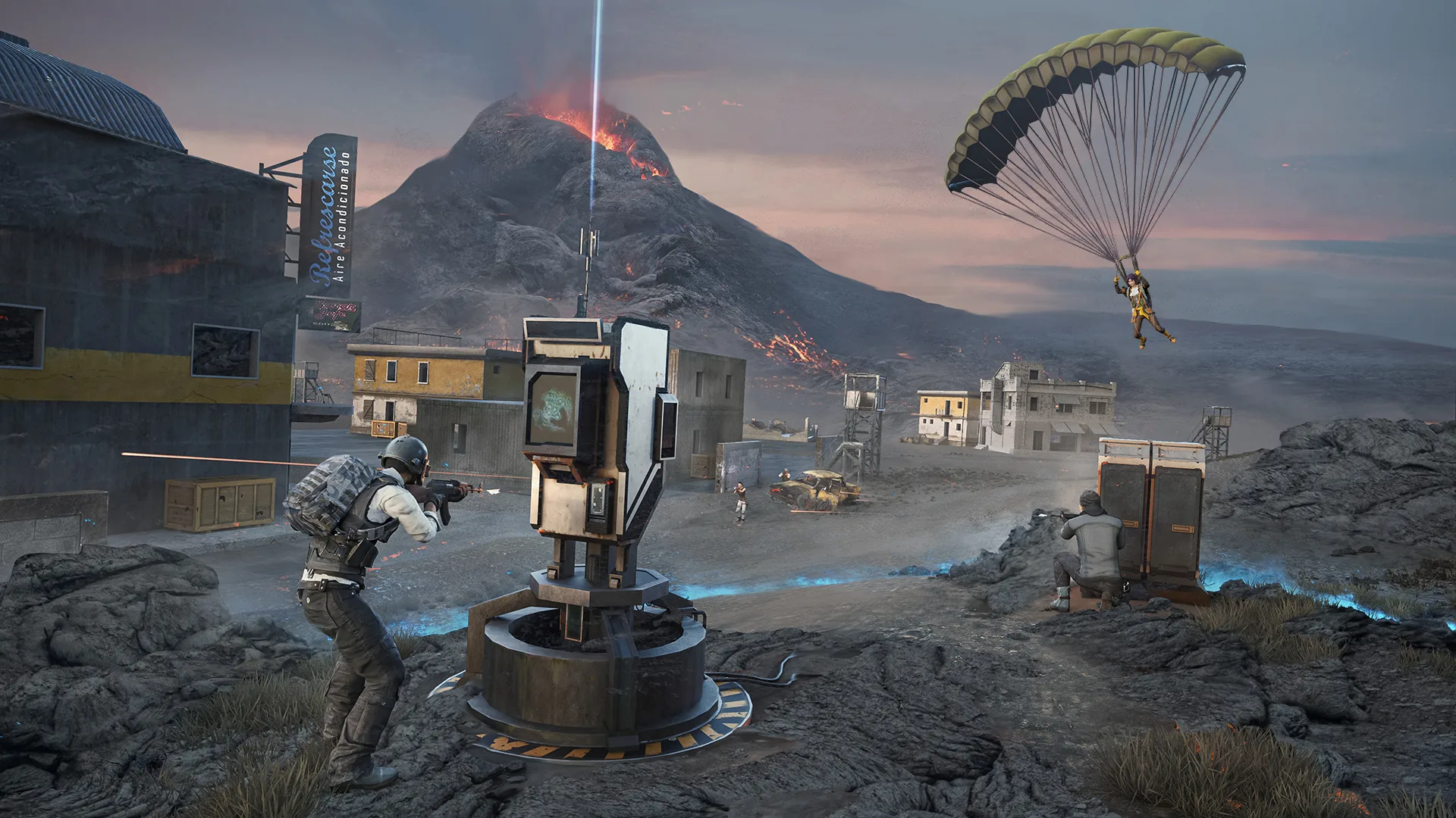 Players fight around a tactical device while another player parachutes into a rocky area beneath an erupting volcano.