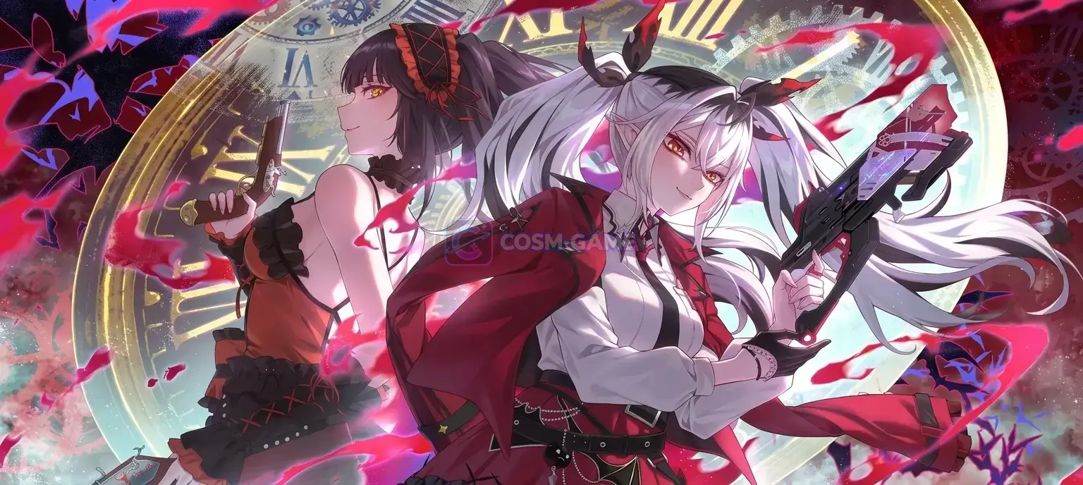 A silver-haired warrior holds a massive weapon as flames and mechanical shapes fill the background.