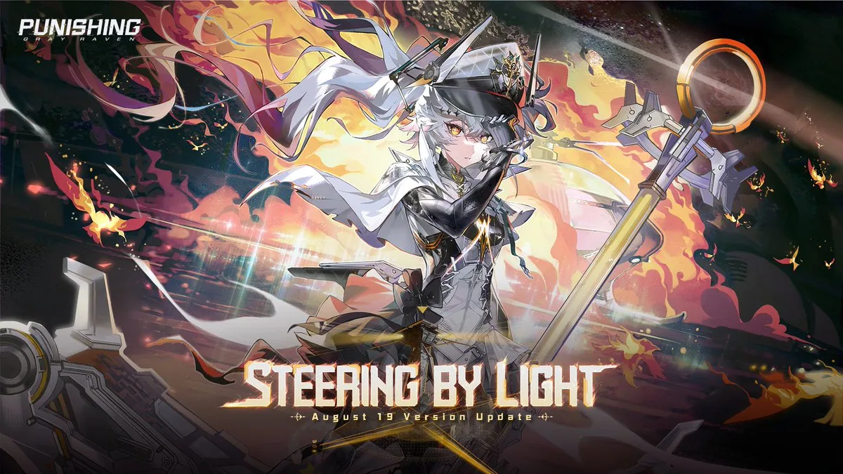 A silver-haired warrior holds a massive weapon as flames and mechanical shapes fill the background.
