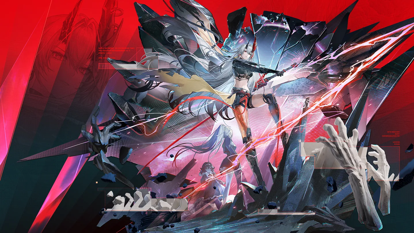 A white-haired Construct stands amid sweeping red energy effects against a dark battlefield backdrop.