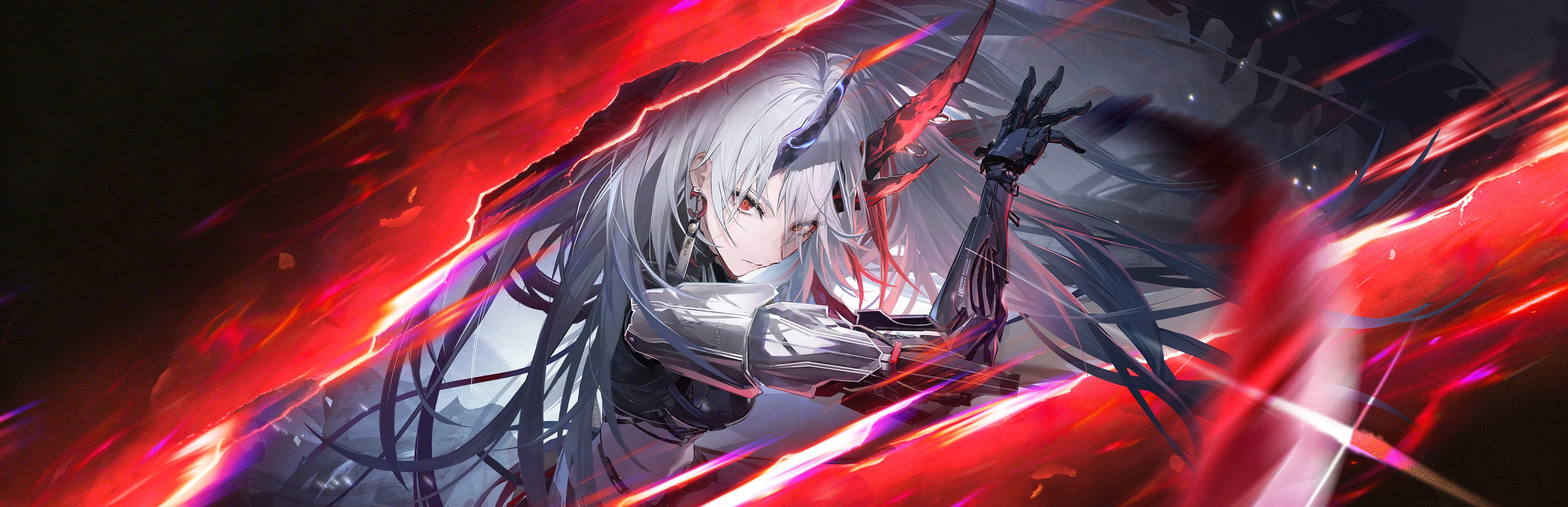 A white-haired character surrounded by sweeping red energy across a dark background.