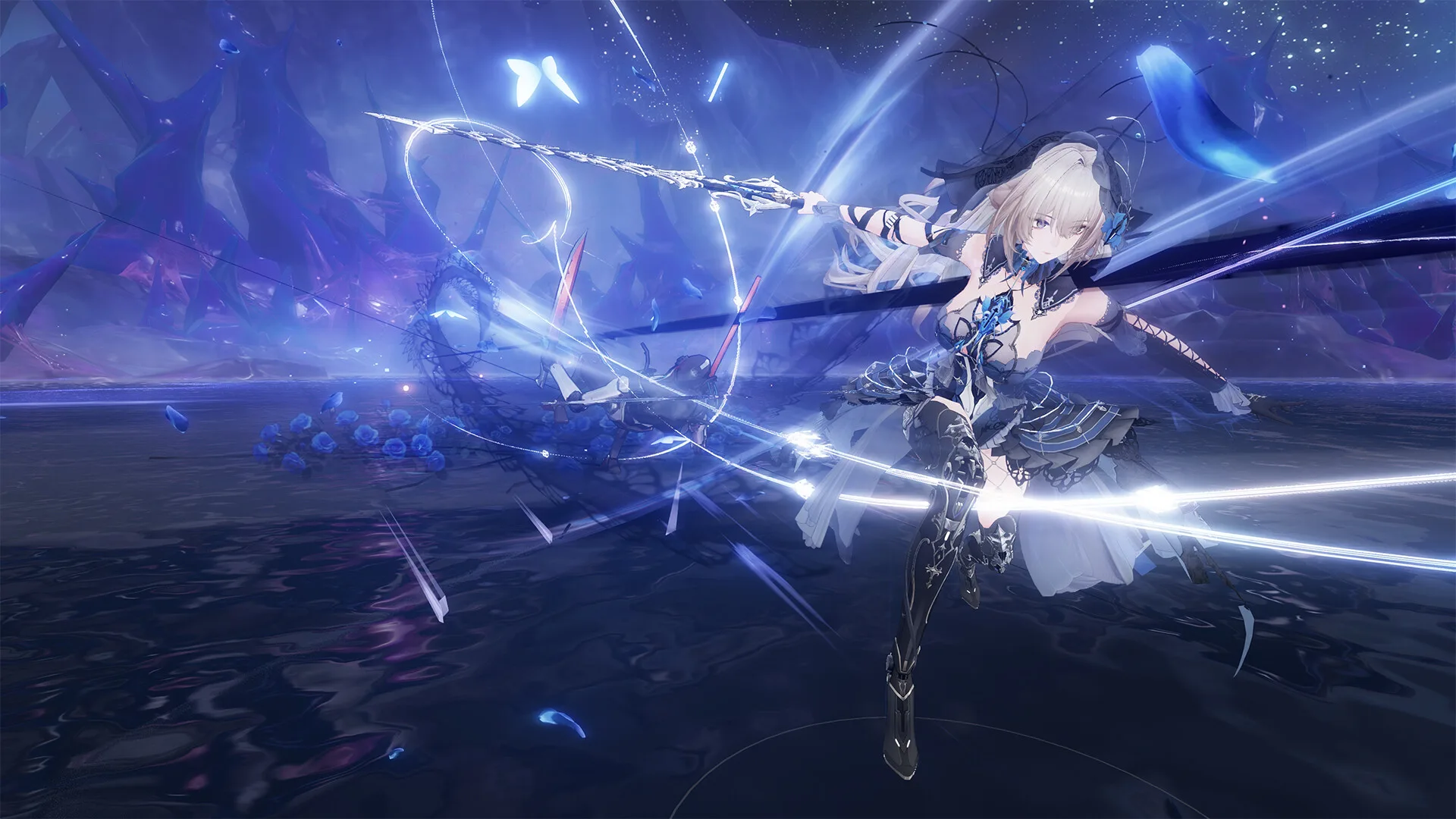 A white-haired fighter swings a long weapon through a blue crystalline battlefield filled with bright energy effects.