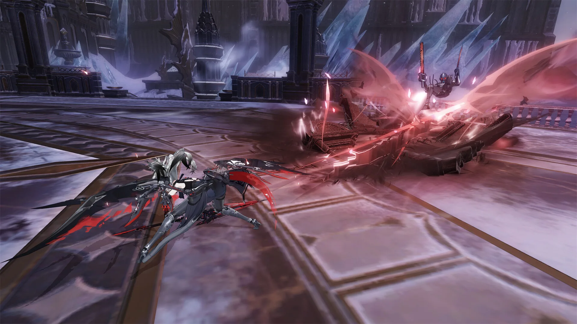 A Construct attacks a mechanical enemy with red energy inside an ice-covered ruined structure.