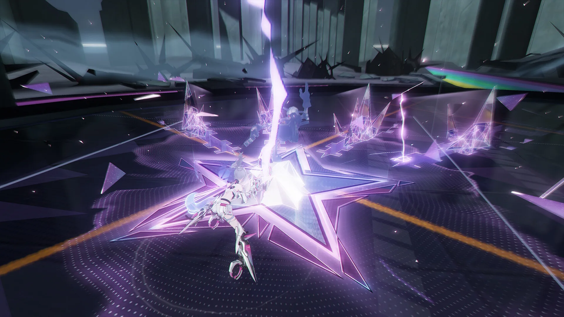 A Punishing: Gray Raven Construct fighting in a large science-fiction combat environment.