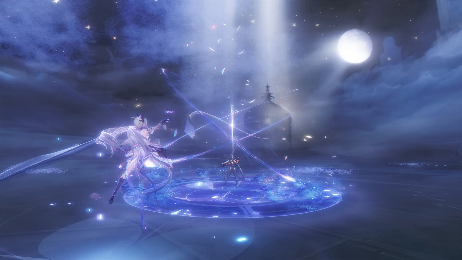 A white-haired character fights beneath a bright moon as blue energy crosses a circular arena.