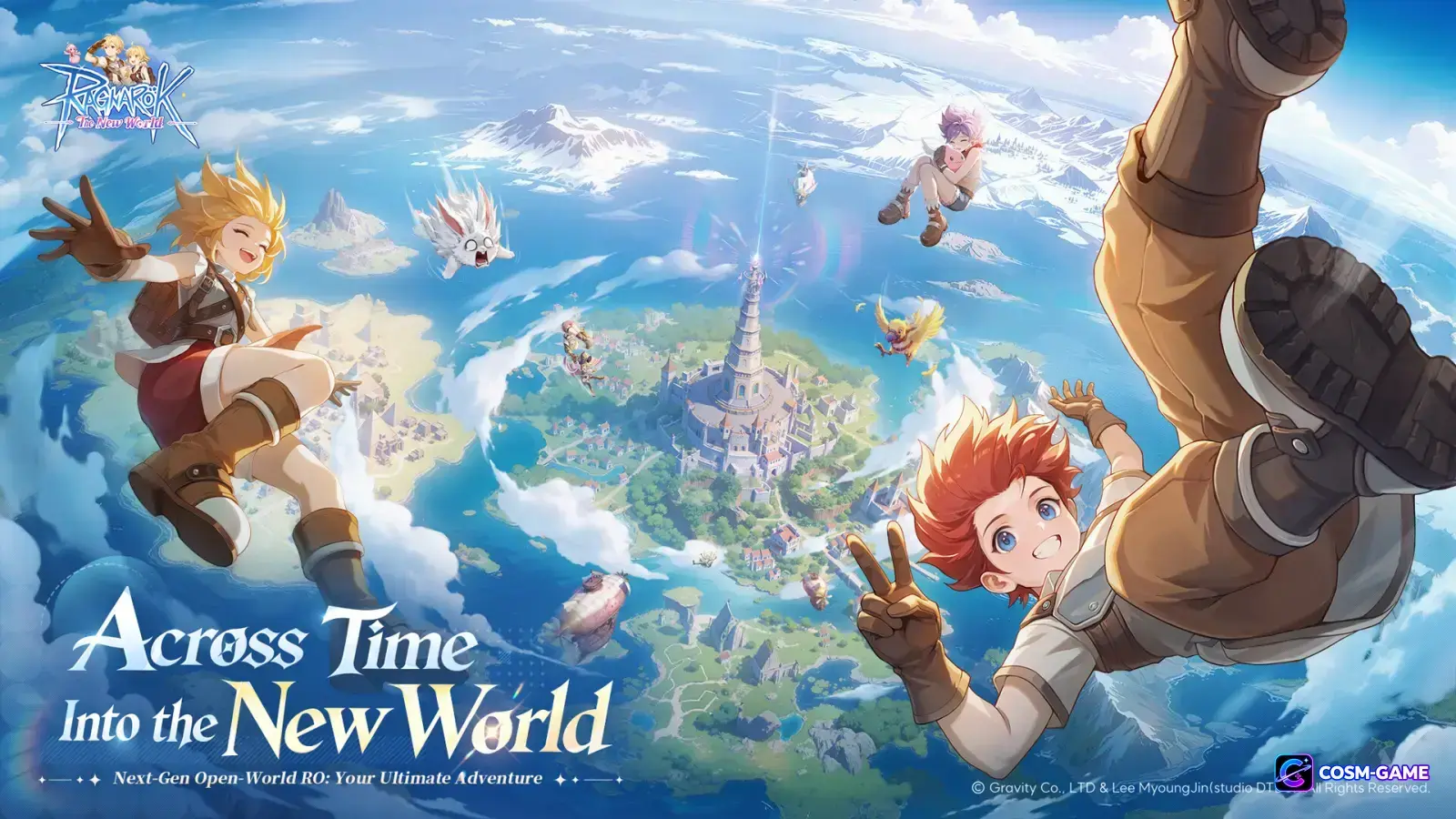 Adventurers and fantasy creatures fall through the sky above a vast landscape centered on a tall city tower.